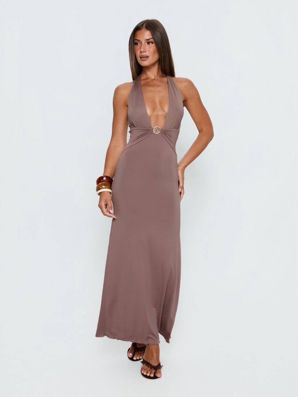 Princess Polly Taupe Halter Maxi Dress With Twist Ring